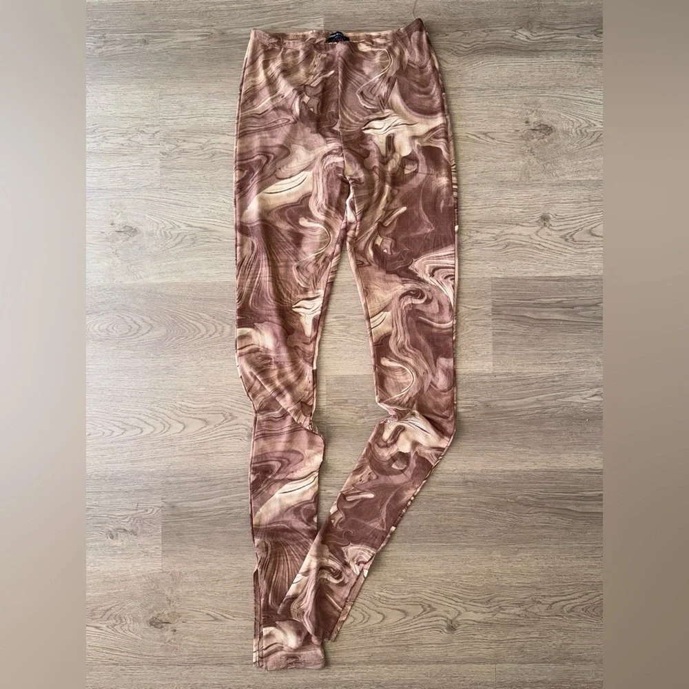 Naked Wardrobe Women’s Mesh Brown Leggings with Artistic Swirl Design-Sz Large - Picture 2 of 10